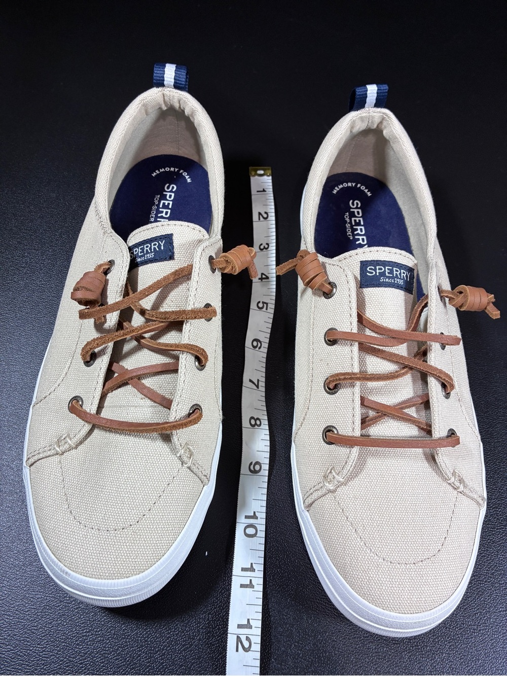 Sperry Beige Canvas Boat Shoes with Brown Leather Laces - Picture 11 of 12